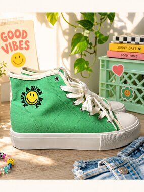 American Eagle Have A Nice Day Smiley Face Mint Green High Top Sneakers NWT